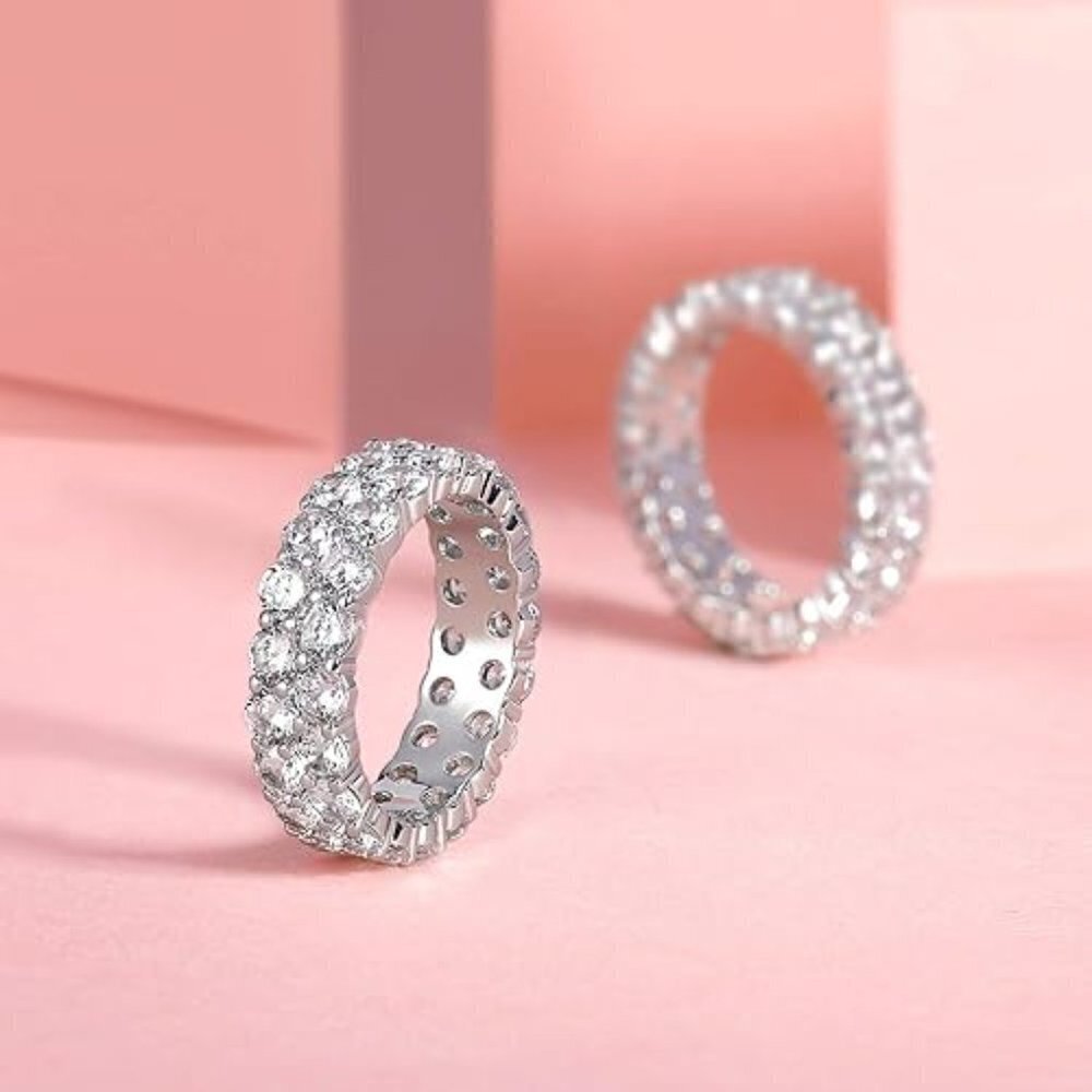 18K White Gold Round Cut Band Ring Diamond CZ Stacked Layered